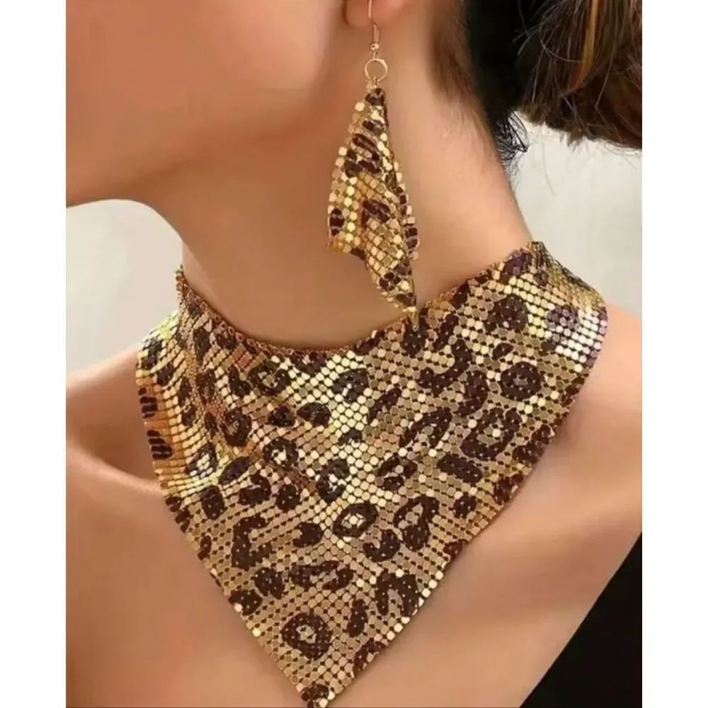 Leopard Print Metal Mesh Bib Necklace Earrings Set Boho Statement Gold Tone Glam